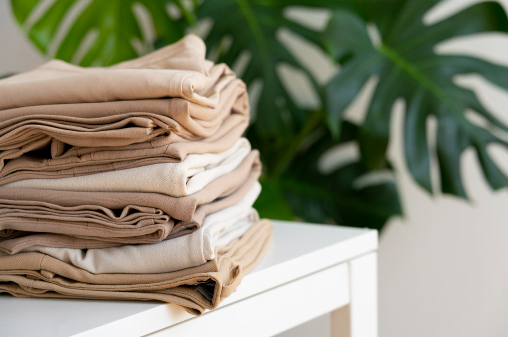 A neatly folded stack of neutral-toned sustainable bedding on a white table with green plant leaves in the background.