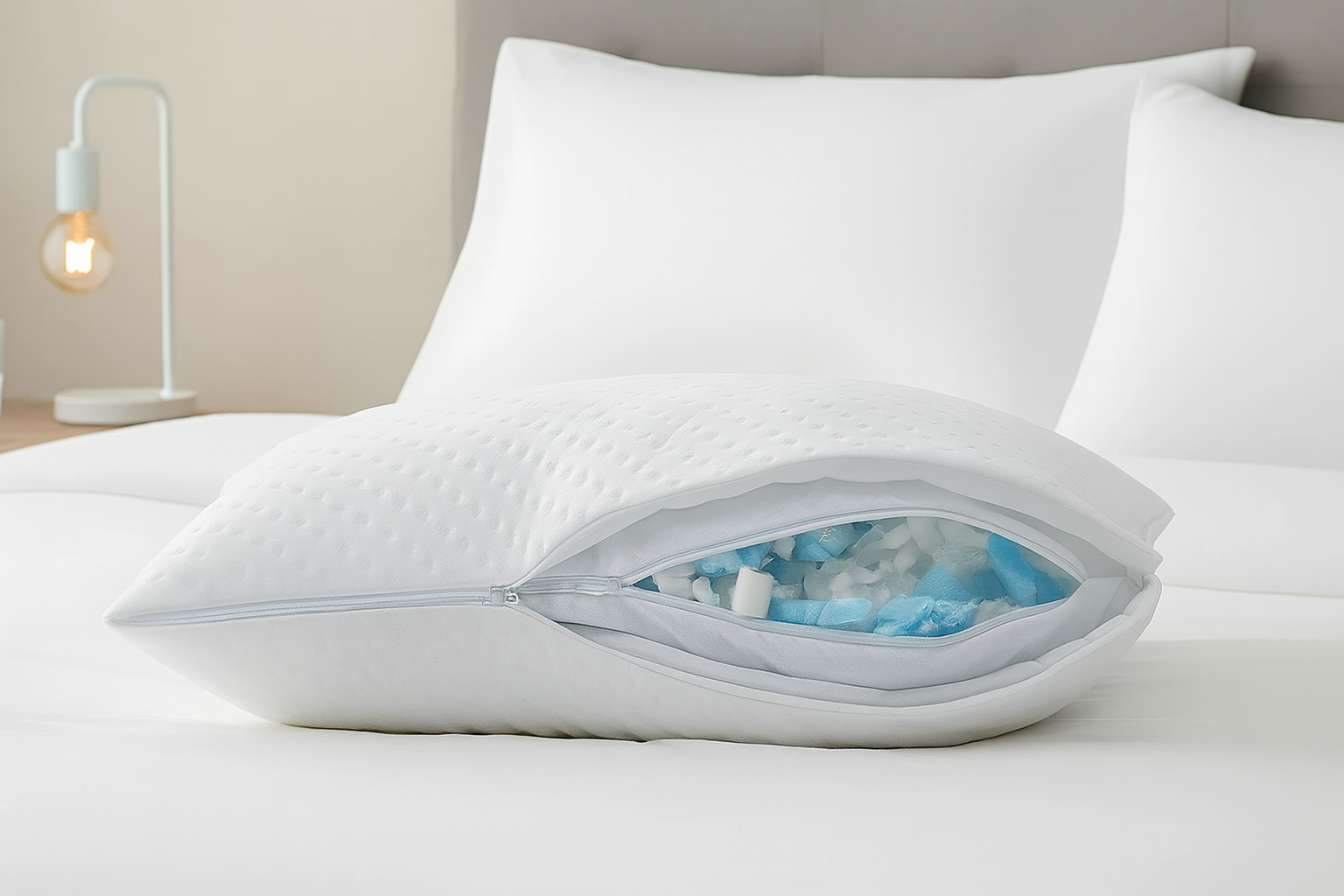A white adjustable pillow with a zippered cover lies on a neatly made bed, revealing its inner fill of shredded blue and white memory foam, showing how the pillow’s height and firmness can be customized for personalized comfort.