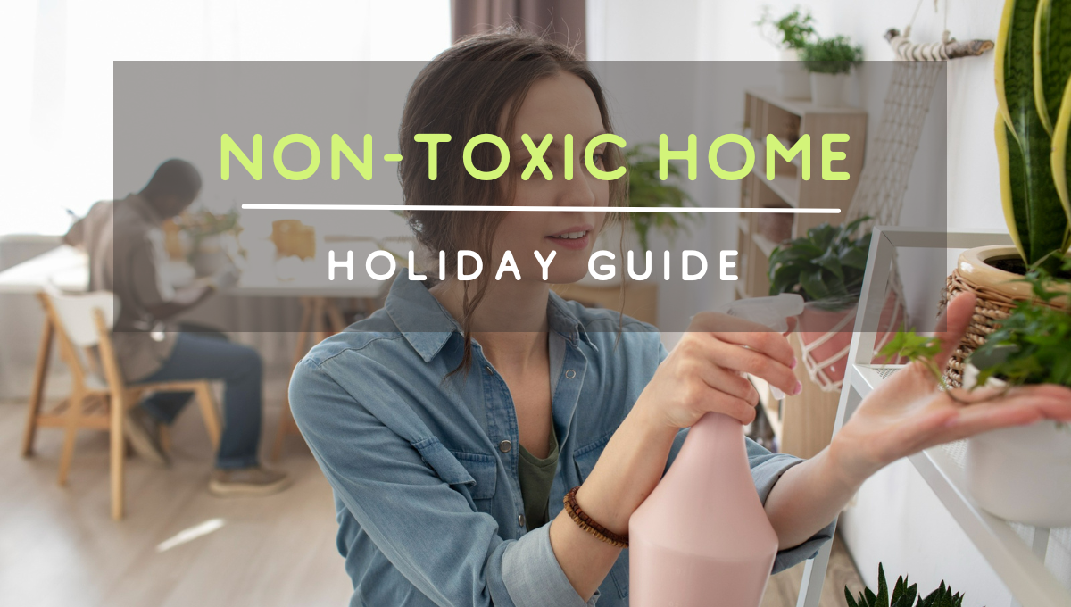 A woman in a bright, plant-filled home gently misting a houseplant with a spray bottle, illustrating a calm, non-toxic holiday home environment.
