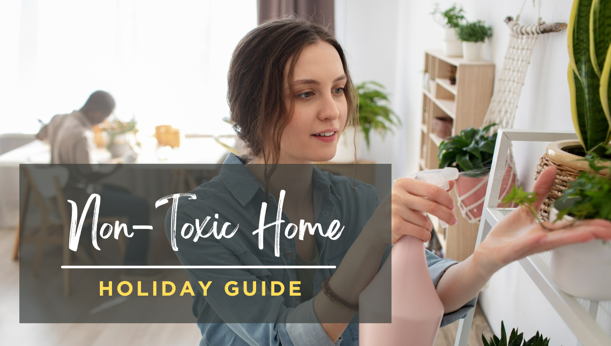 A woman in a bright, plant-filled home gently misting a houseplant with a spray bottle, illustrating a calm, non-toxic holiday home environment.