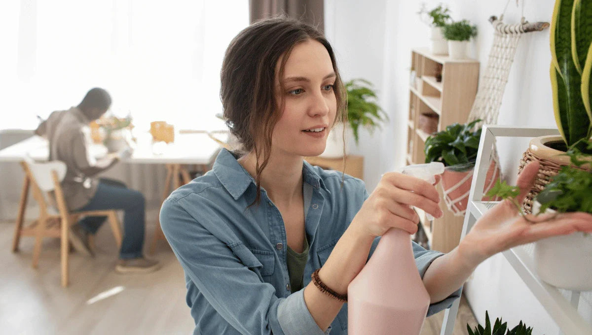 Person caring for houseplants with a spray bottle in a bright home, representing a low-tox and calming environment.
