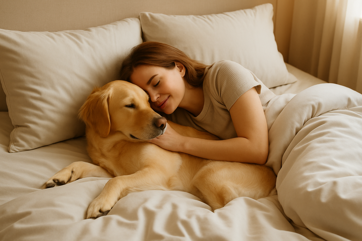 Woman peacefully sleeping on soft beige dog friendly bedding while cuddling a golden retriever.