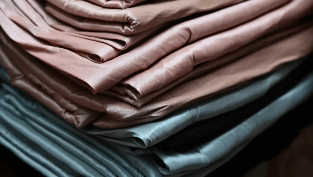 Stack of folded Tencel Lyocell bed sheets in soft neutral colors.