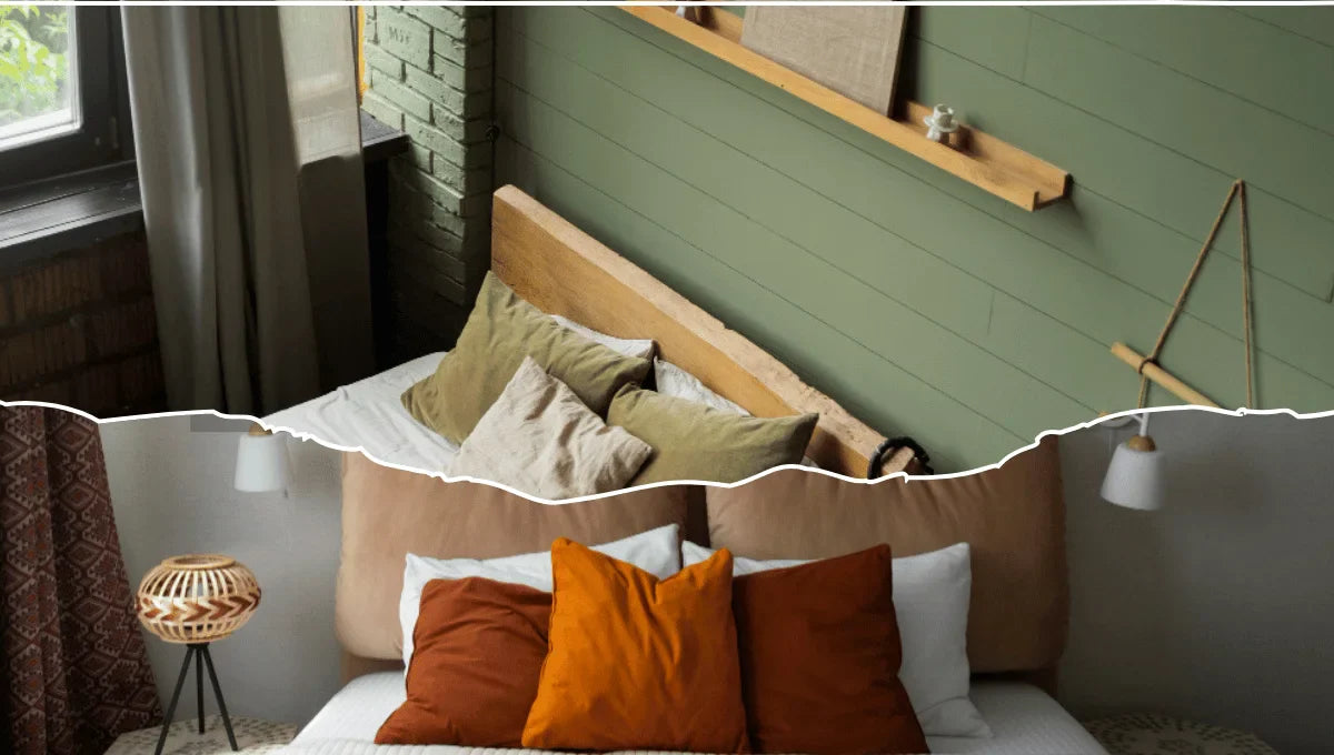 Cozy guest bedroom styled with warm neutral bedding, layered pillows, and earthy tones for a calm Thanksgiving stay.