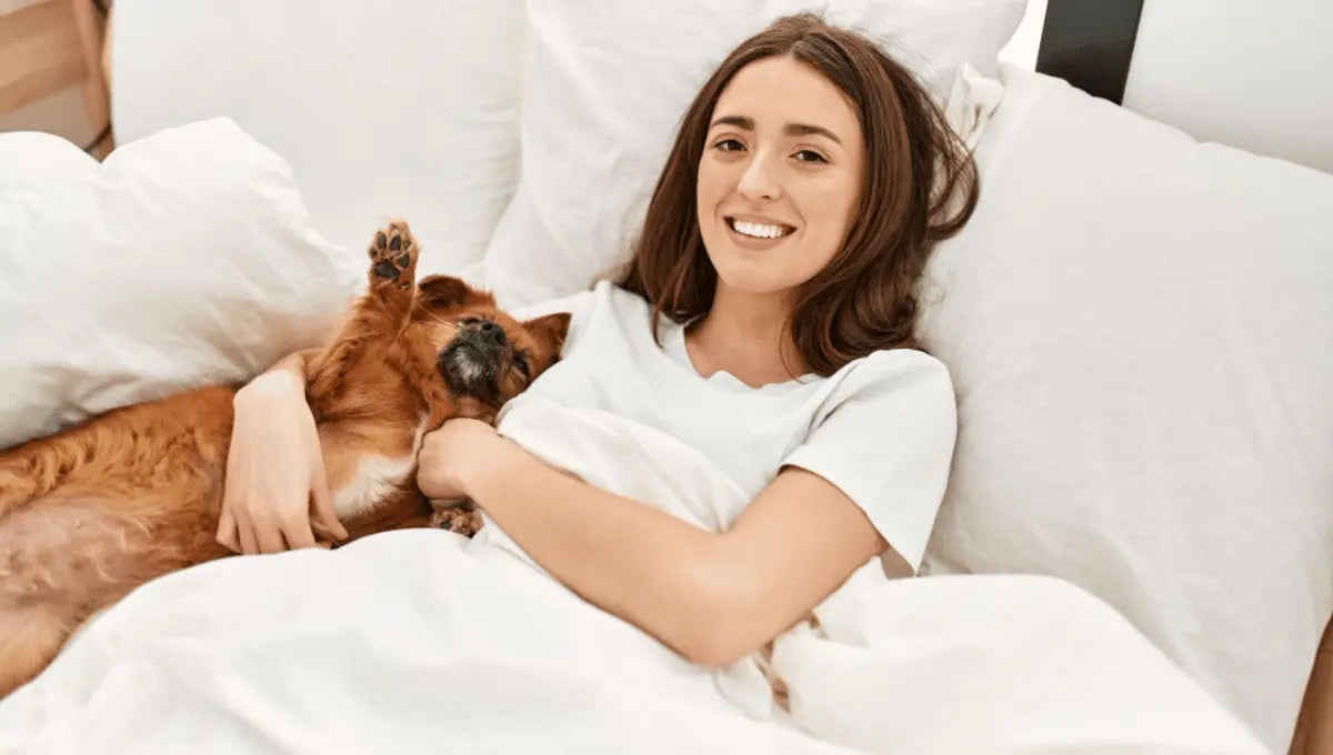 Woman relaxing in bed with her dog on soft white bedding.