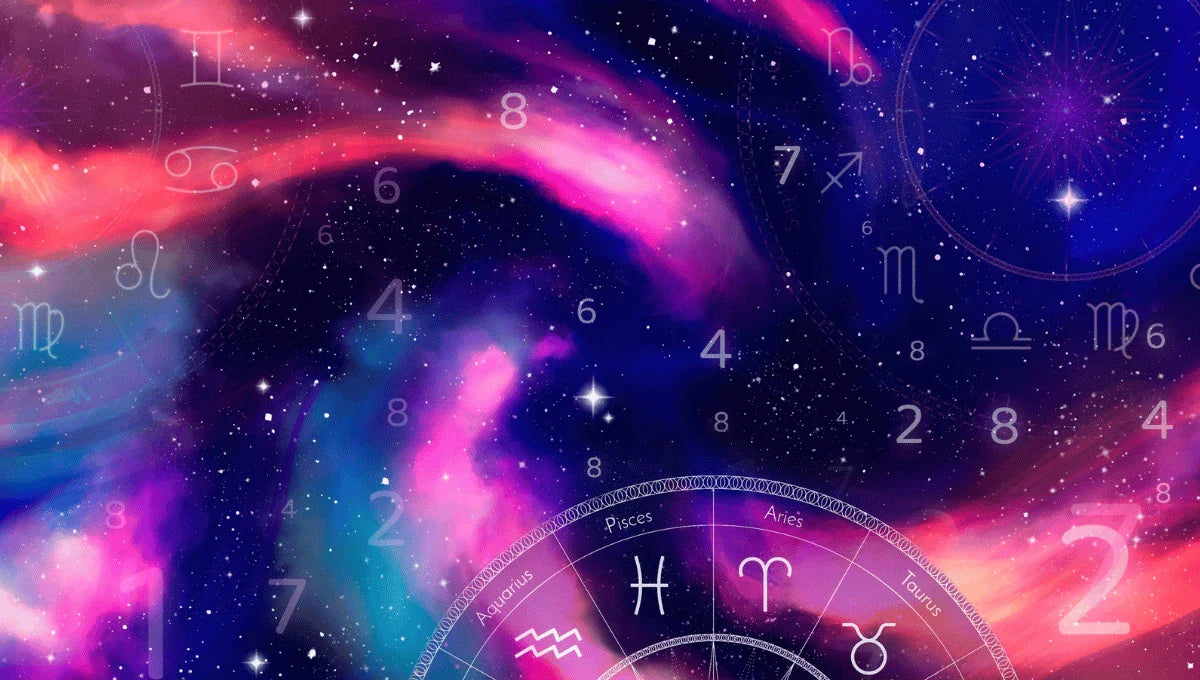 Colorful zodiac symbols and astrological chart representing star signs and cosmic energy.