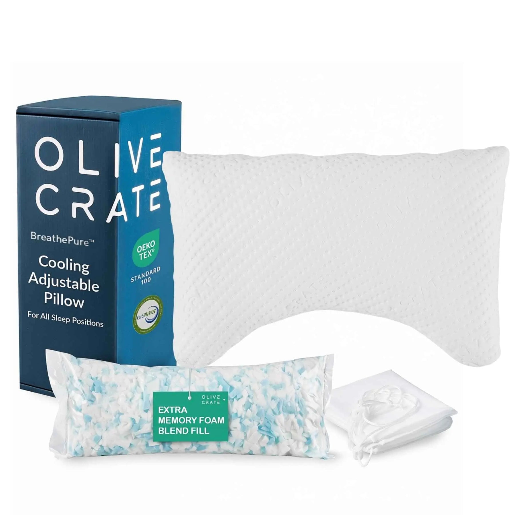 An adjustable cooling pillow set by Olive Crate, featuring a white textured pillow, its blue packaging box, a packaged memory foam blend insert, and a white drawstring bag, all on a white background. BreathePure Cooling Adjustable Pillow Olive + Crate with packaging on a white background