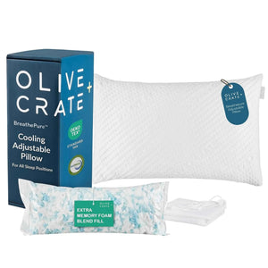 Olive Crate Cooling Adjustable Pillow set including a white textured pillow, blue branded box, memory foam fill pouch, and folded white pillowcases on a white background. #size_classic