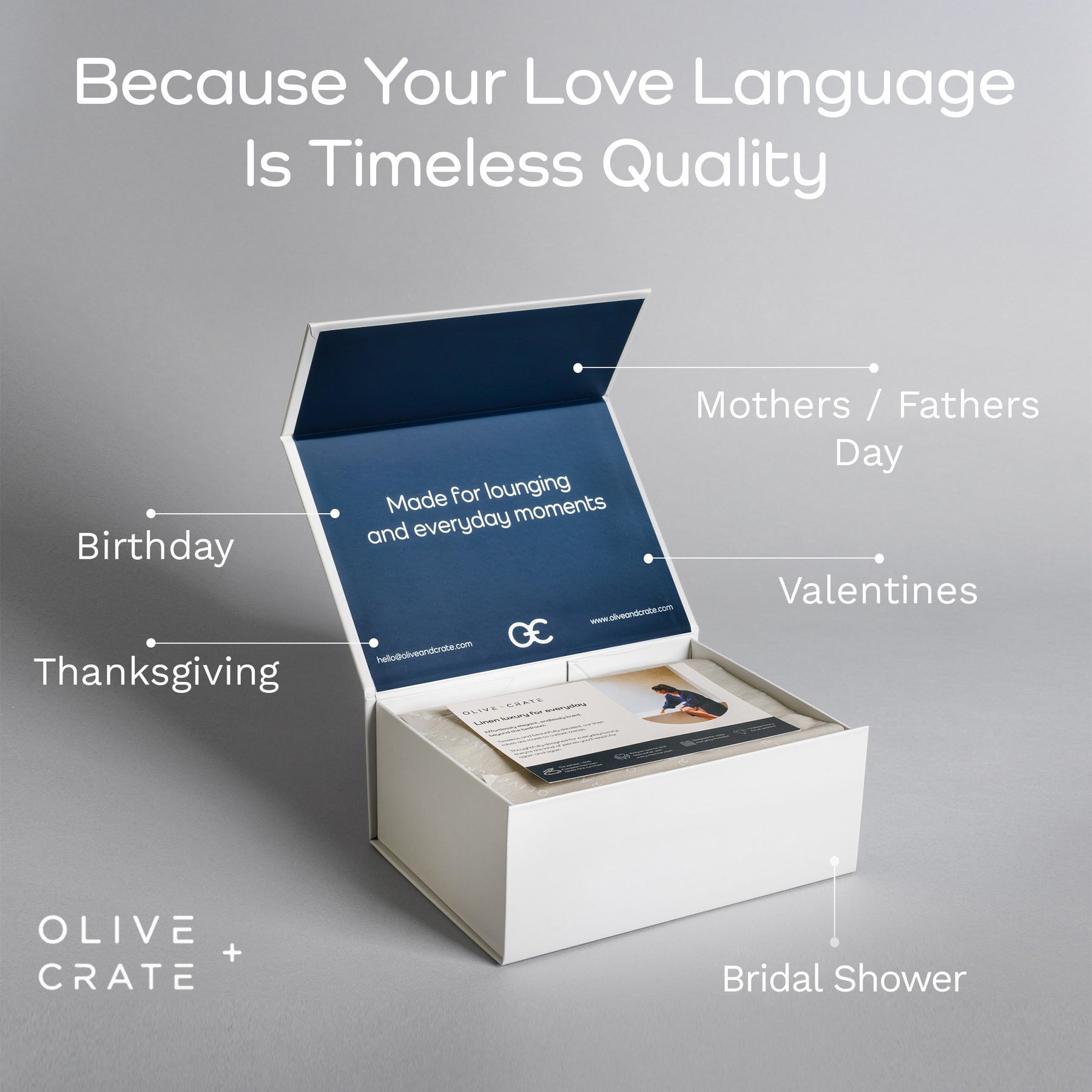 Olive Crate gift box with product and card on a gray background, featuring text about different occasions.