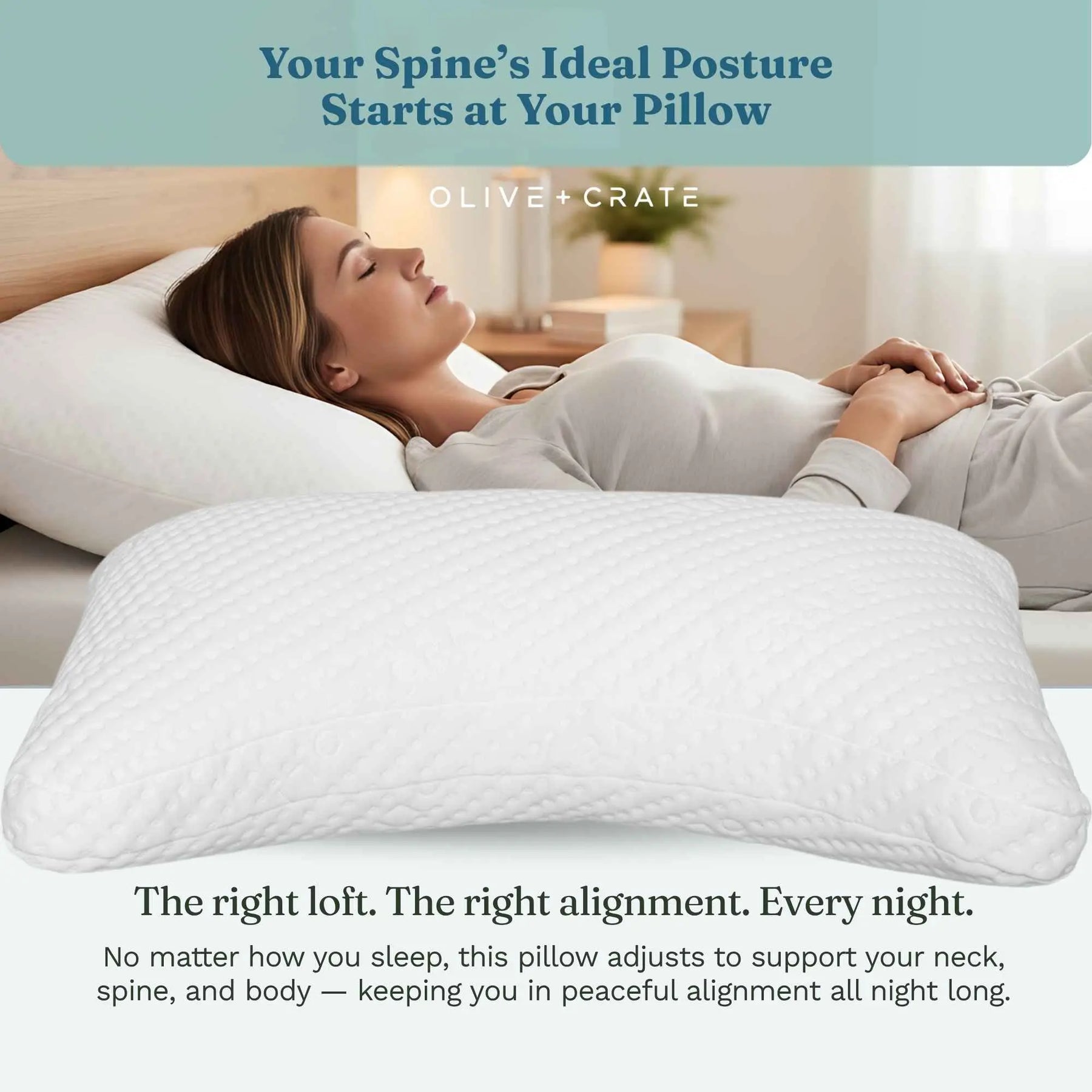 A white quilted memory foam pillow shown in a lifestyle bedroom setting with a woman sleeping comfortably on a bed. The image includes marketing text at the top and bottom highlighting spine support and alignment. BreathePure Cooling Adjustable Pillow Olive + Crate with packaging on a white background