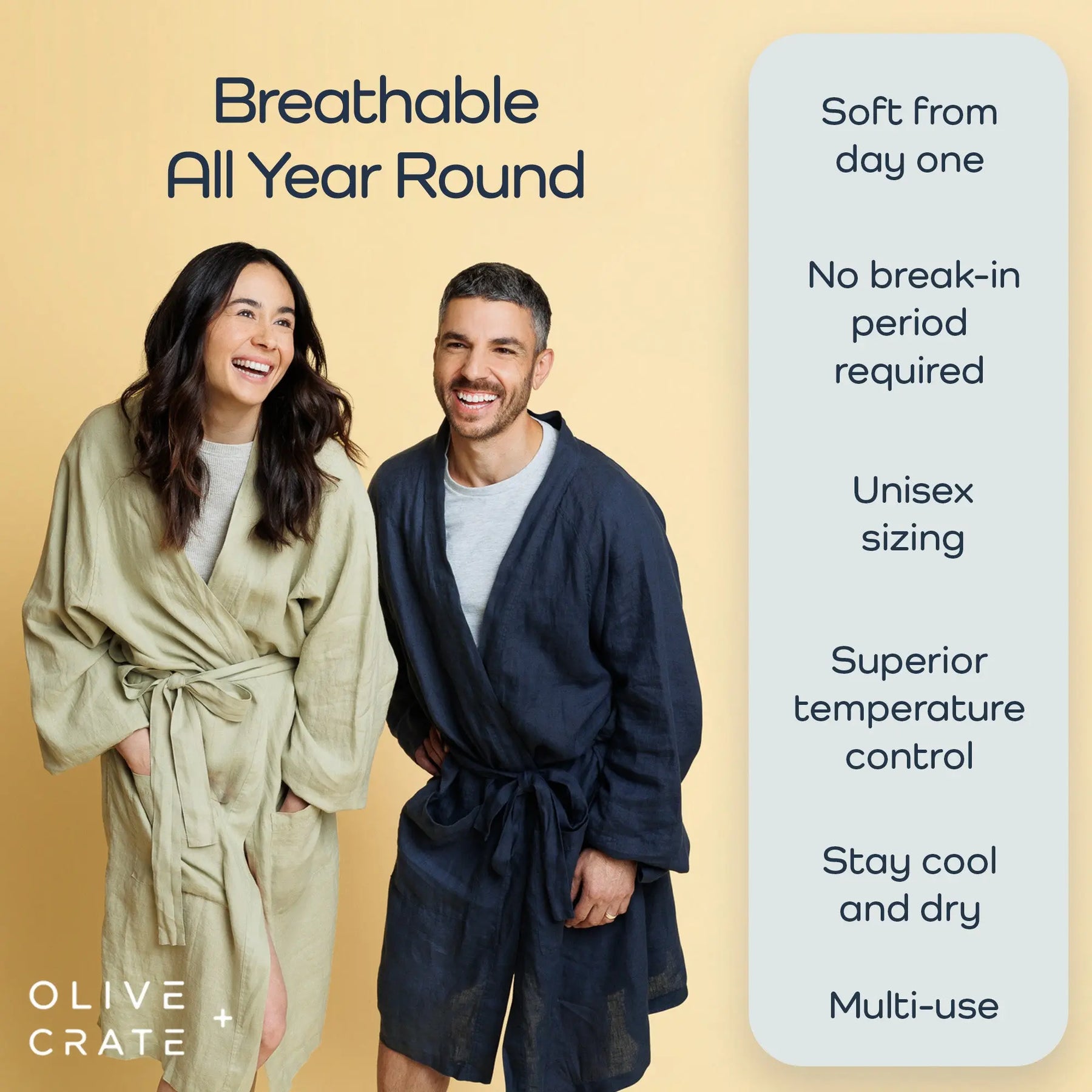 Two people wearing robes with product features on a beige background