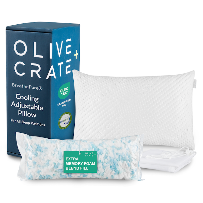Olive and Crate cooling adjustable pillow with packaging on a white background