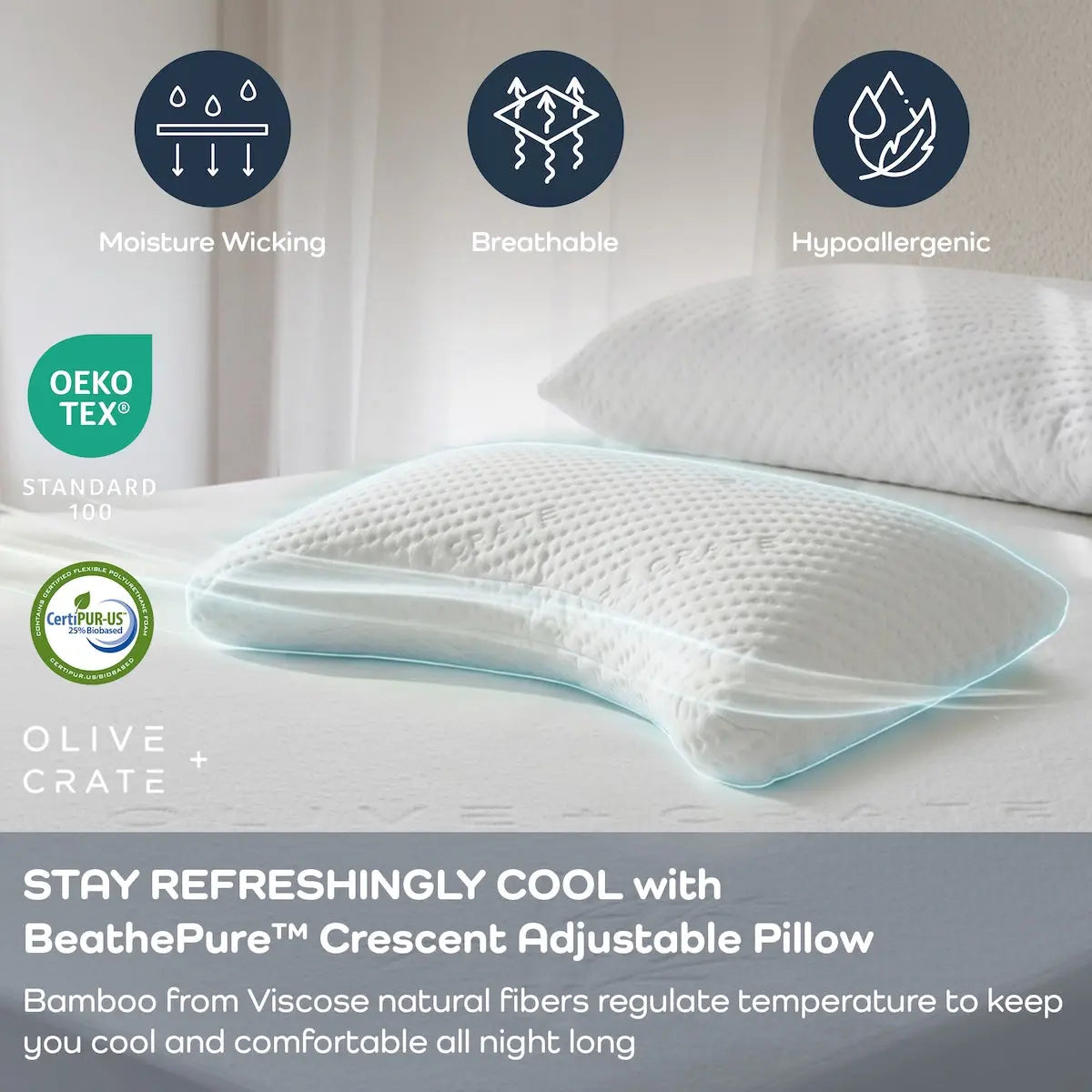 BeathePure Crescent Adjustable Pillow on a bed with features highlighted.