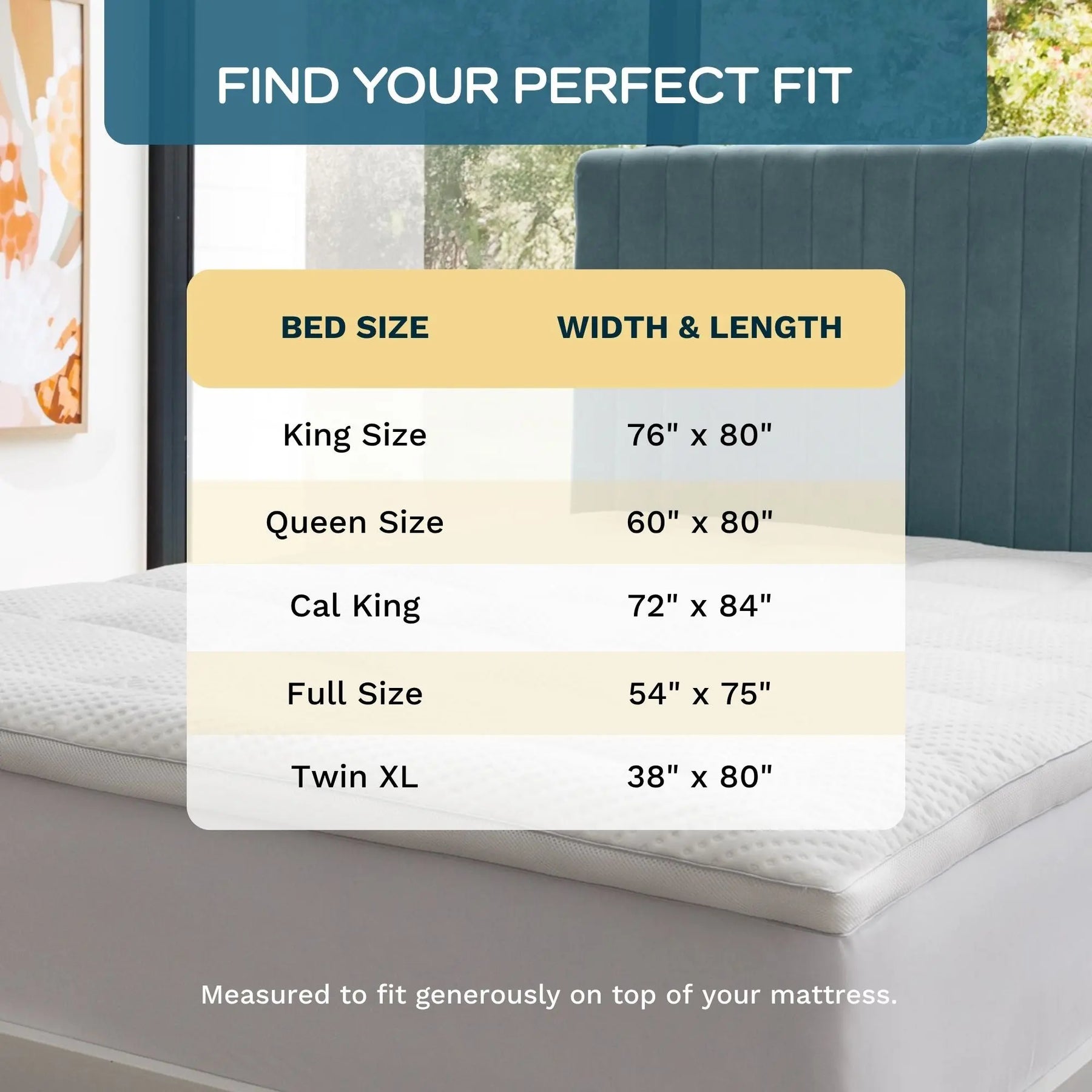 A size guide graphic for mattress bed sizes, showing a table with bed sizes (King Size, Queen Size, Cal King, Full Size, Twin XL) and their corresponding width and length measurements. The graphic is overlaid on a background photo of a bed with a mattress topper.