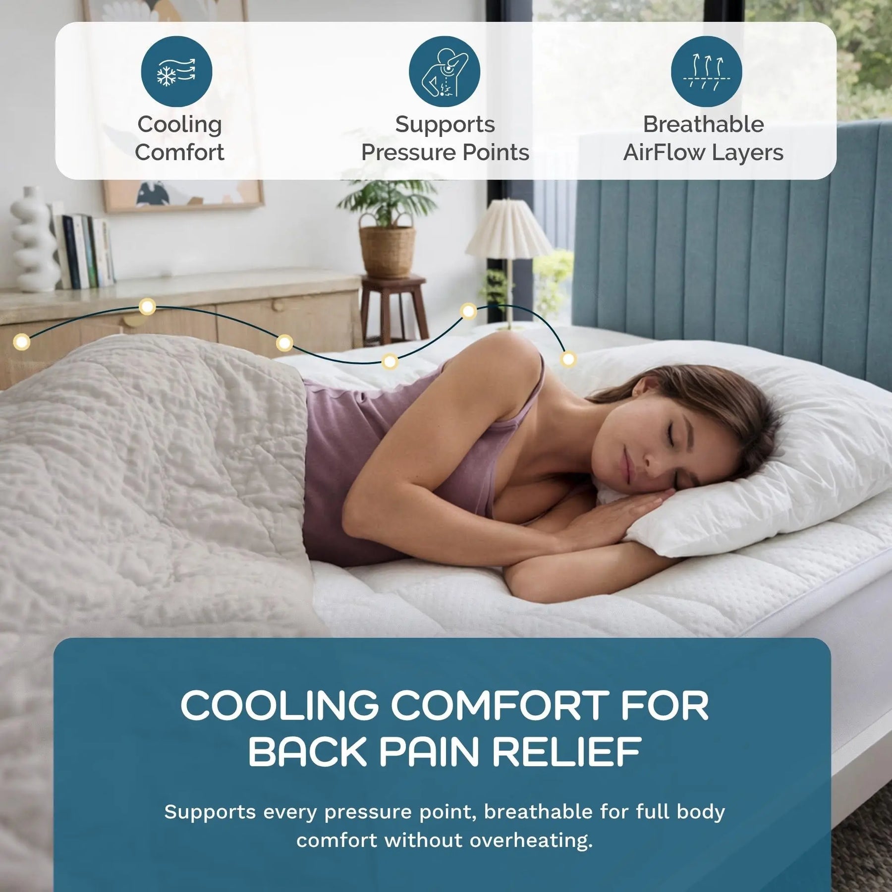 A woman sleeping on a bed with a white cooling mattress topper and pillow, with promotional text overlays highlighting cooling comfort, pressure point support, and breathable airflow layers.
