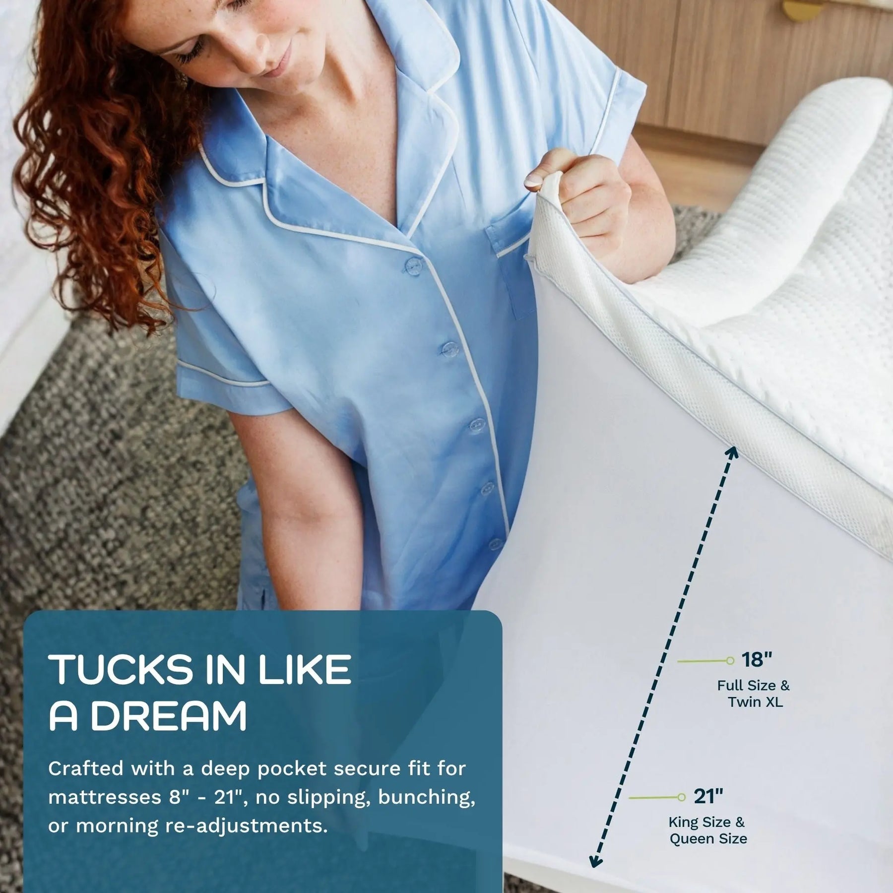 A woman in light blue pajamas pulls a fitted sheet over a mattress corner to demonstrate how snug it fits. Text on the image reads 'TUCKS IN LIKE A DREAM' and includes size guidance for mattress sizes, with a mattress corner shown and a dashed arrow indicating fit depth.