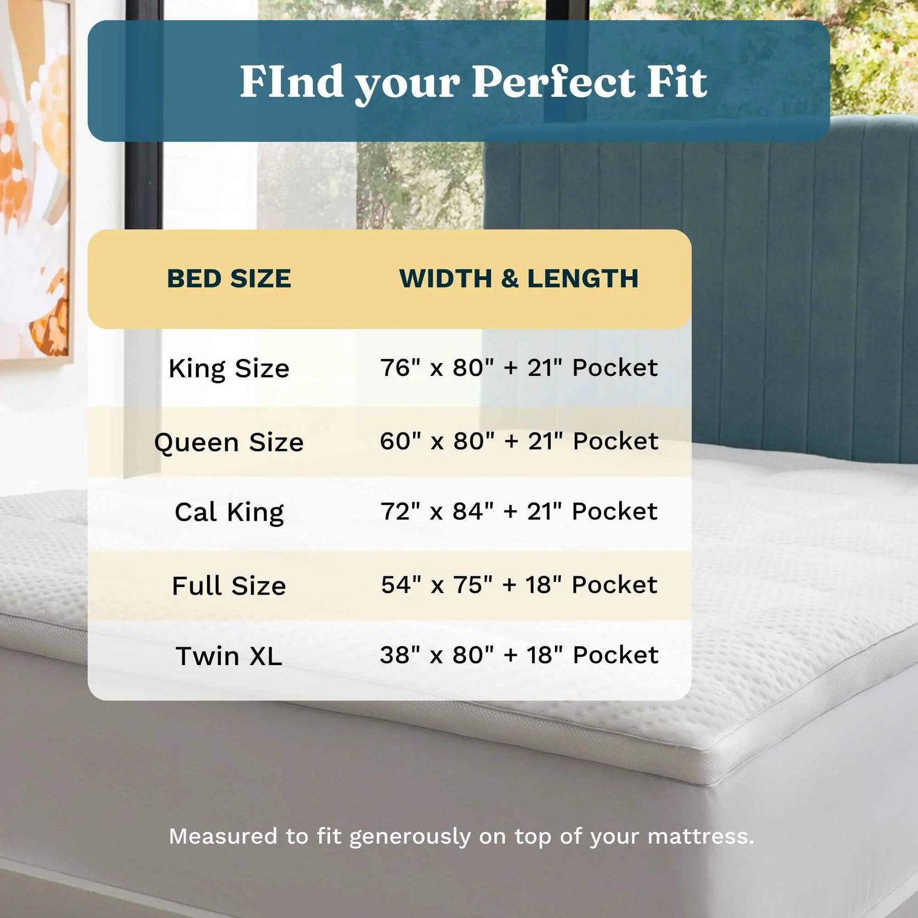 A size guide graphic for mattress bed sizes showing a table with bed sizes and width and length measurements, overlaid on a bedroom scene with a mattress and headboard.