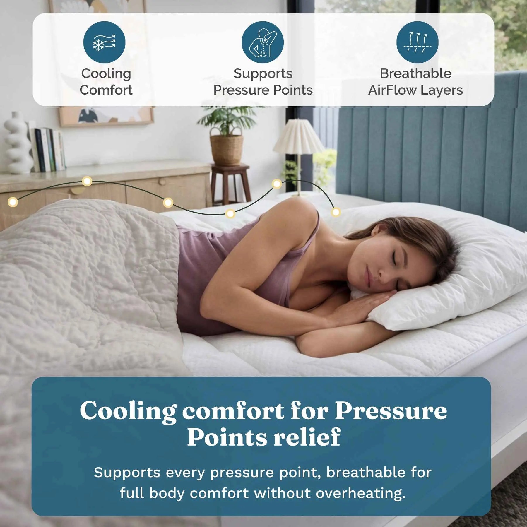 A woman sleeping on a bed with a white cooling comfort pillow and blanket in a bedroom setting. The image includes three feature callouts at the top ('Cooling Comfort', 'Supports Pressure Points', 'Breathable AirFlow Layers') and a blue text banner at the bottom.