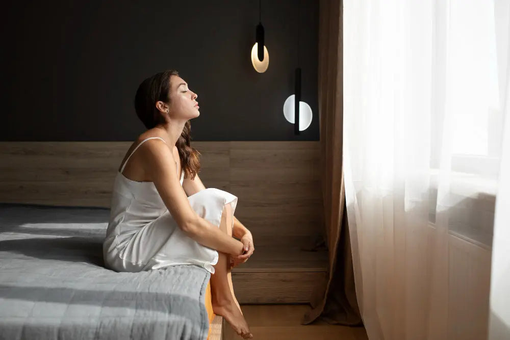 Woman in a white slip dress sitting peacefully on the edge of a bed by a bright window, embodying mindfulness for sleep in a calm and modern bedroom.