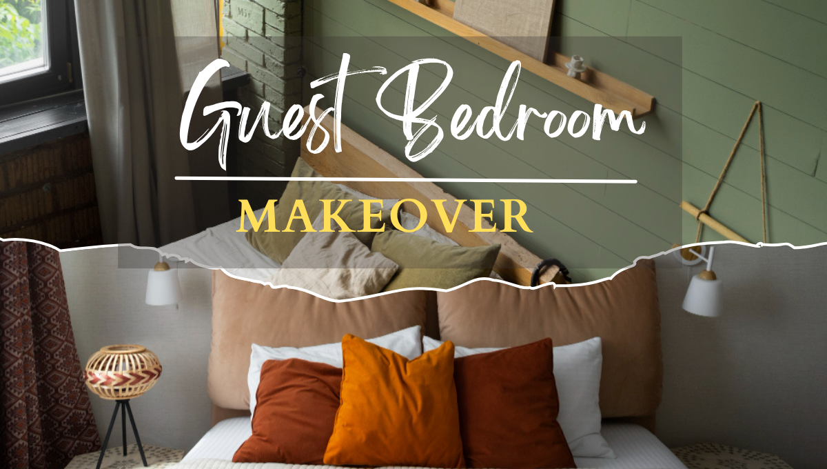 Cozy guest bedroom with layered pillows, warm earthy tones, and styled decor, showcasing a bedroom makeover design.