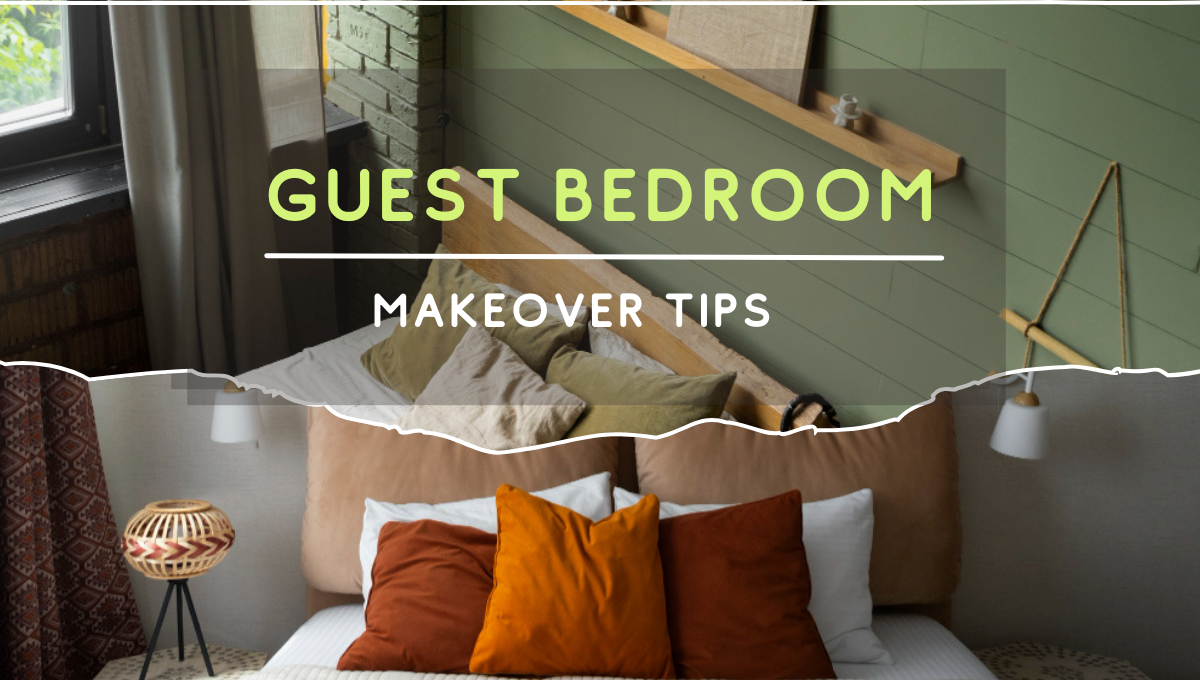 Cozy guest bedroom with layered pillows, warm earthy tones, and styled decor, showcasing a bedroom makeover design.
