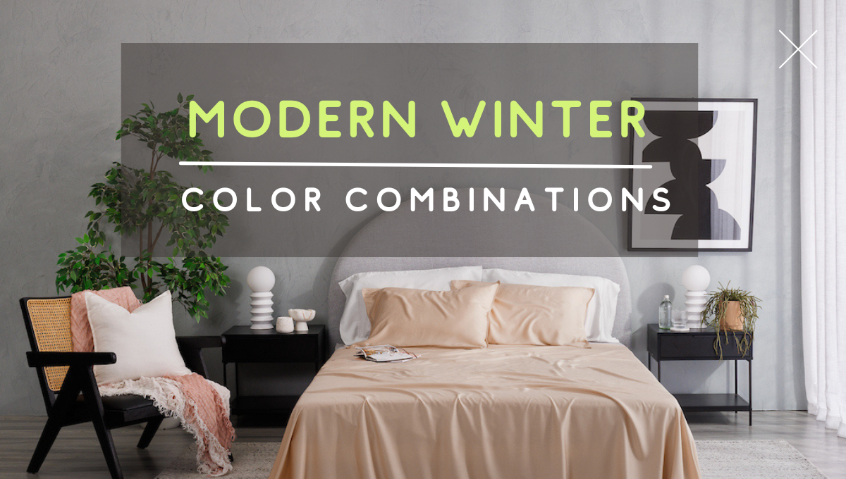 Modern bedroom styled with Olive + Crate eucalyptus bedding in warm beige tones, surrounded by neutral winter décor, indoor plants, and contemporary furniture, with the text ‘Modern Winter Color Combinations.’