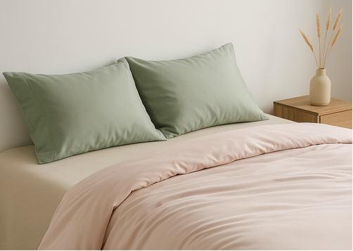 Soft fall bedding colours like Barely Pink, Oatmeal, and Eucalyptus create a layered look that feels both cozy and effortlessly elegant for autumn nights.