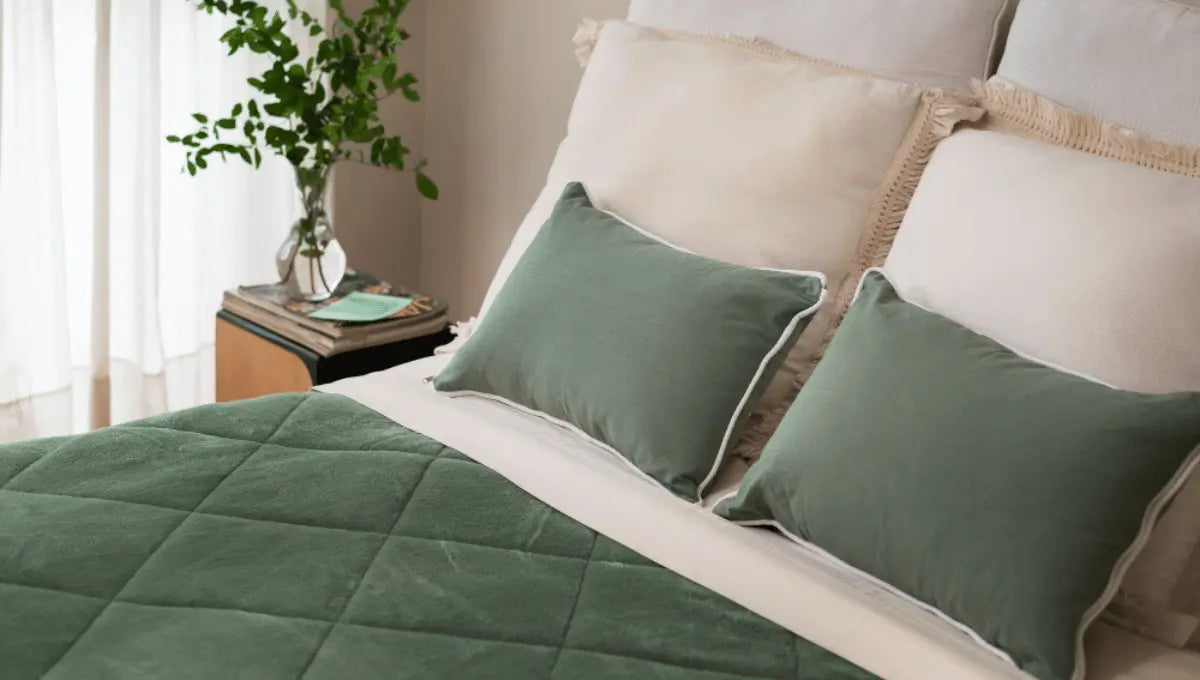 Bamboo vs eucalyptus sheets styled on a modern bed with green quilt and neutral pillows.