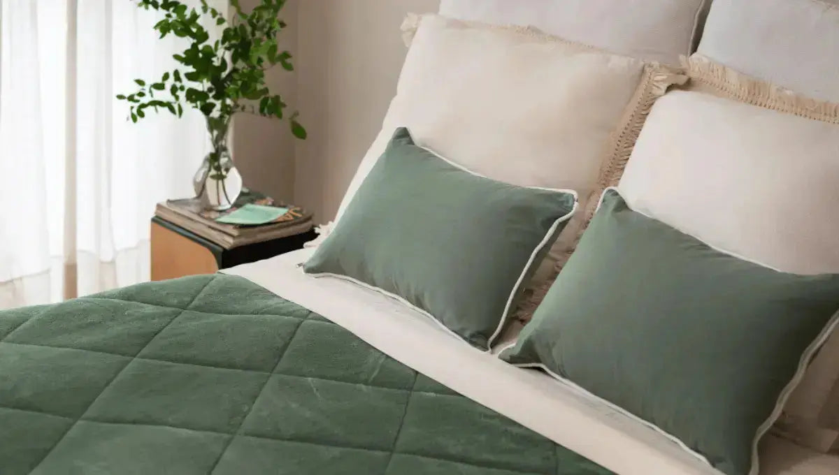 Bamboo vs eucalyptus sheets styled on a modern bed with green quilt and neutral pillows.