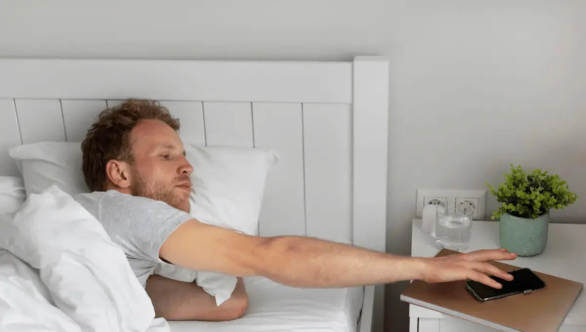 Peaceful bedroom at night with soft lighting, clean bedding, and a calm sleep environment.