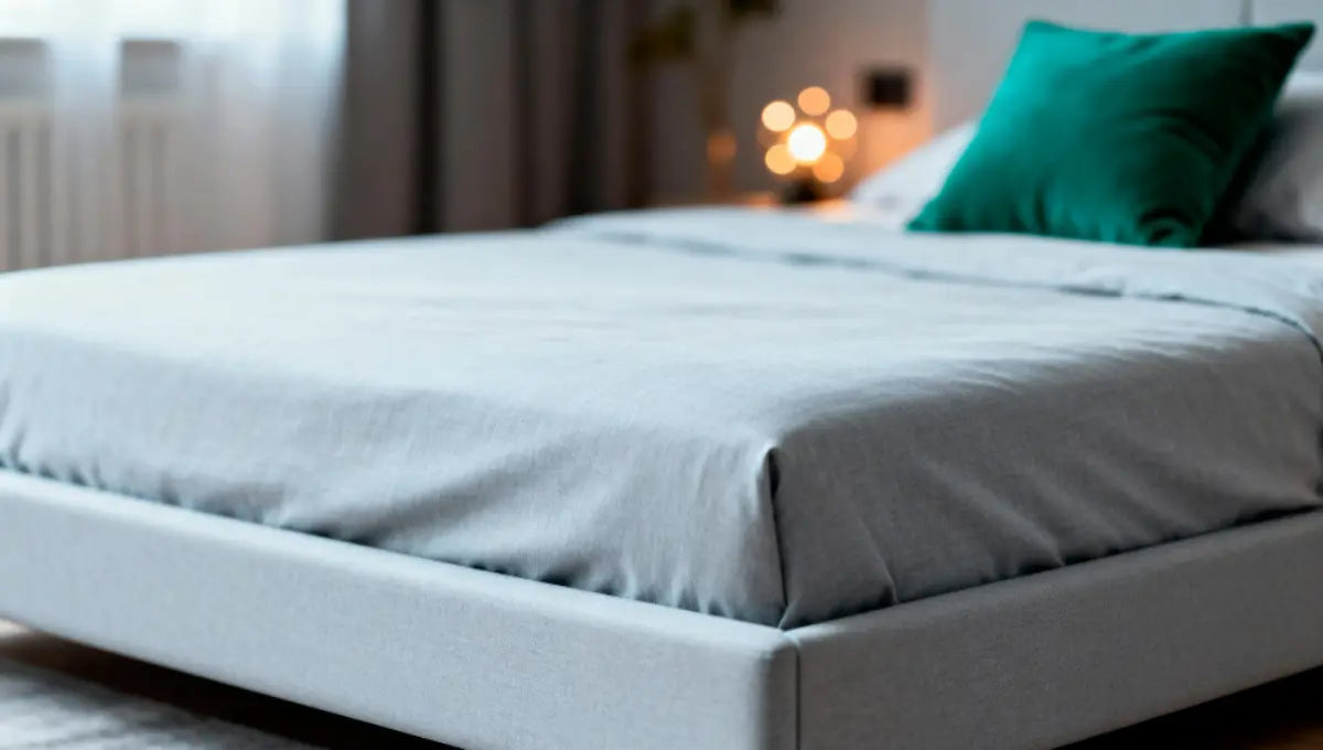 Gray bed with smooth synthetic fabric bedding and green accent pillow in a softly lit bedroom.