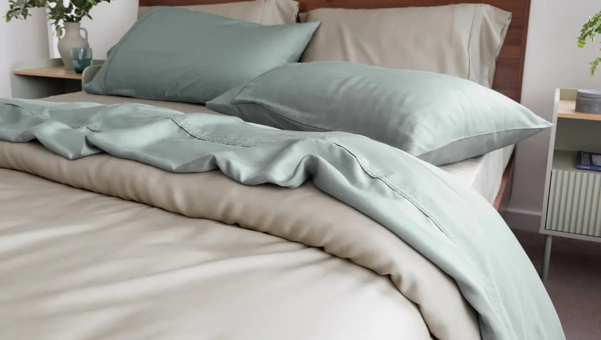 Eucalyptus bed sheets with smooth drape and soft texture on a made bed.