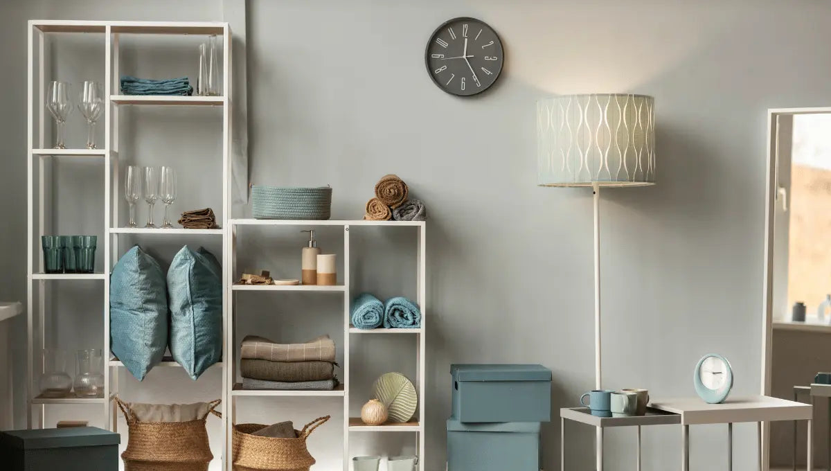 Neatly organized living room after decluttering with open shelving, folded blankets, and storage baskets.