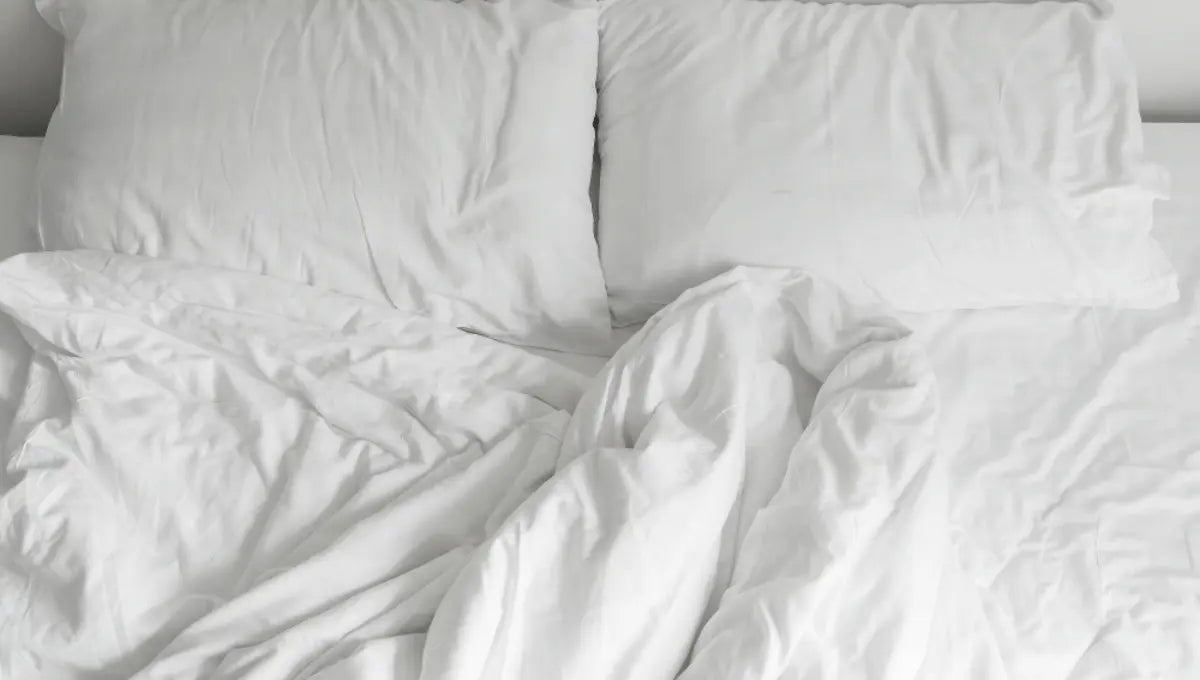 White comforter and pillows with visible wrinkles on a bed.
