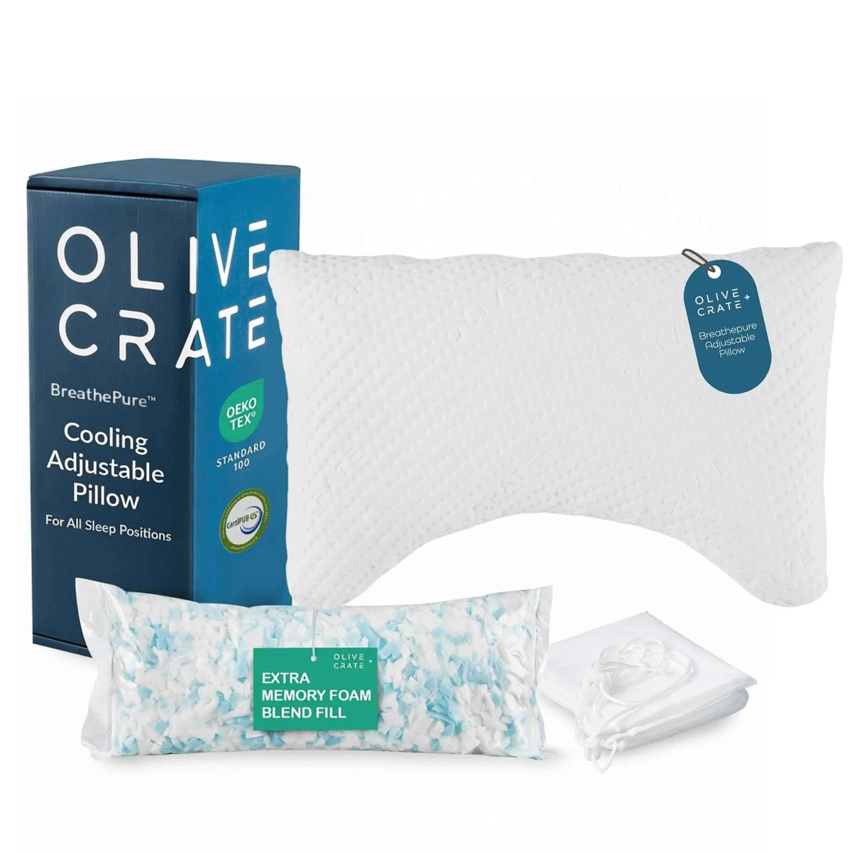 Olive Crate Cooling Adjustable Pillow set including a white textured pillow, blue branded box, packaged memory foam blend fill, and a white drawstring bag on a white background. #size_crescent