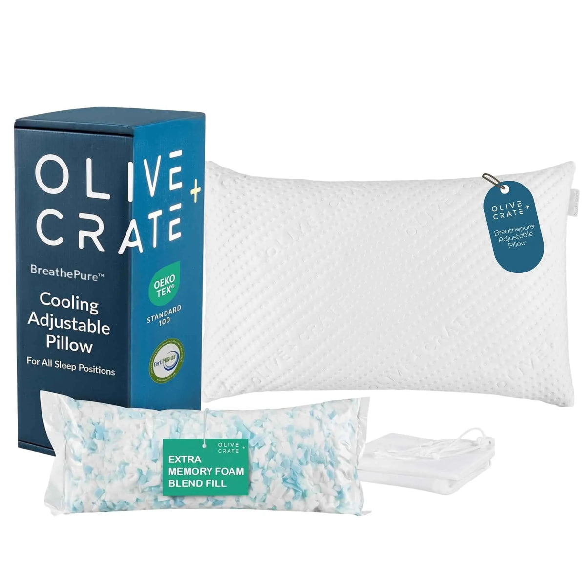 Olive Crate Cooling Adjustable Pillow set including a white textured pillow, blue branded box, memory foam fill pouch, and folded white pillowcases on a white background. #size_classic
