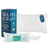 Olive Crate Cooling Adjustable Pillow set including a white textured pillow, blue branded box, memory foam fill pouch, and folded white pillowcases on a white background. #size_classic