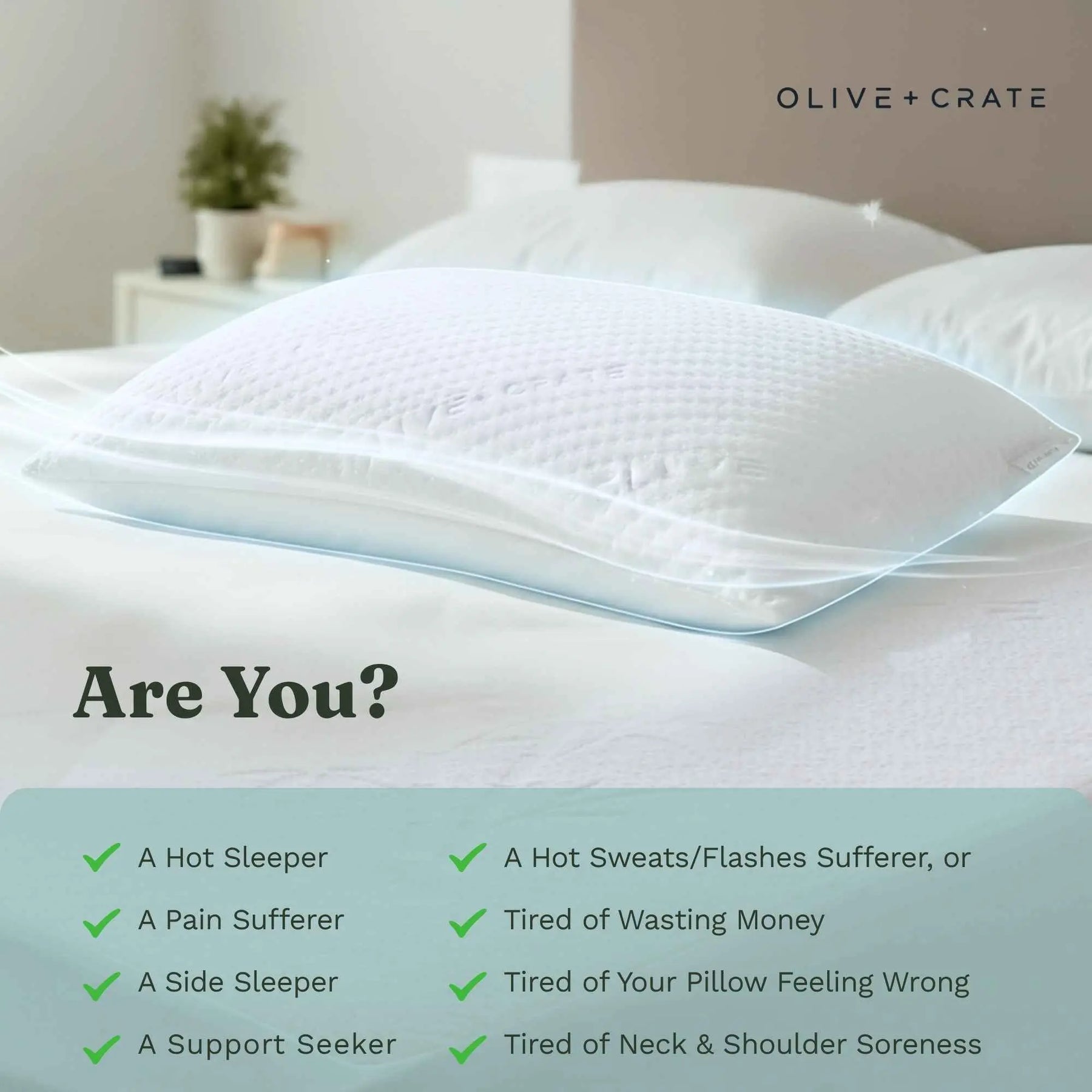 A white textured pillow resting on a white bed in a softly lit bedroom. The image includes the brand name OLIVE + CRATE at the top right and a checklist of pain, sleep, and support-related questions with checkmarks at the bottom. Olive and Crate cooling adjustable pillow with packaging on a white background 
