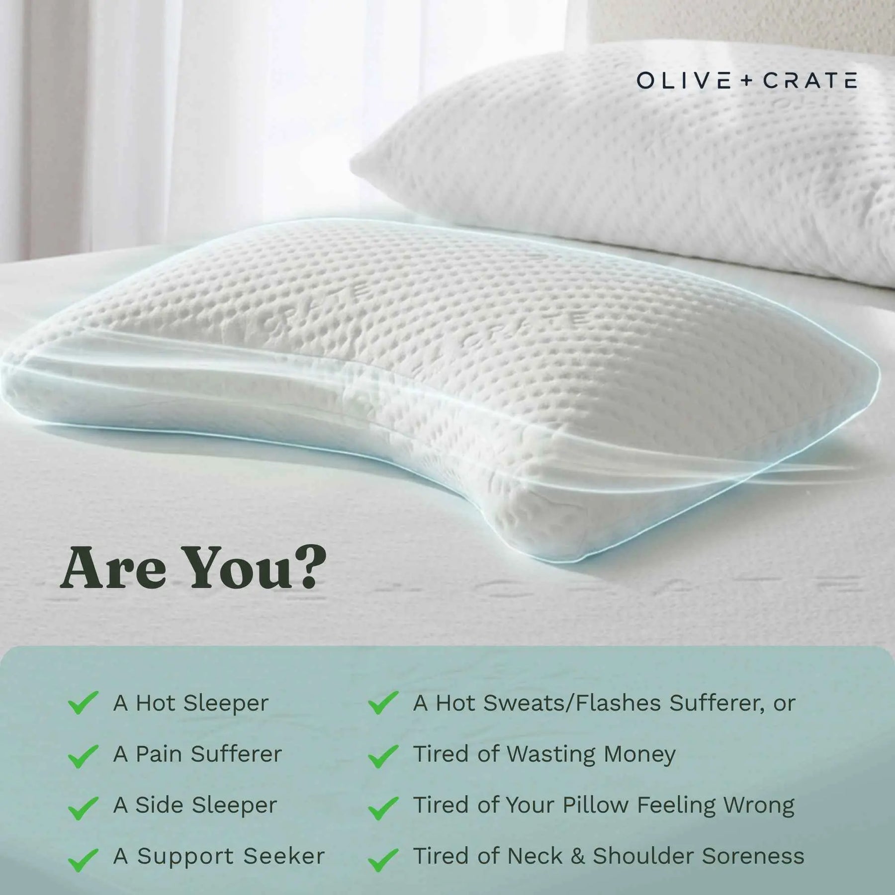 A white textured pillow shown on a bed with a second pillow in the background, plus marketing text reading 'OLIVE + CRATE' and 'Are You?' with a checklist of sleeper discomfort symptoms in a teal box. BreathePure Cooling Adjustable Pillow Olive + Crate with packaging on a white background 