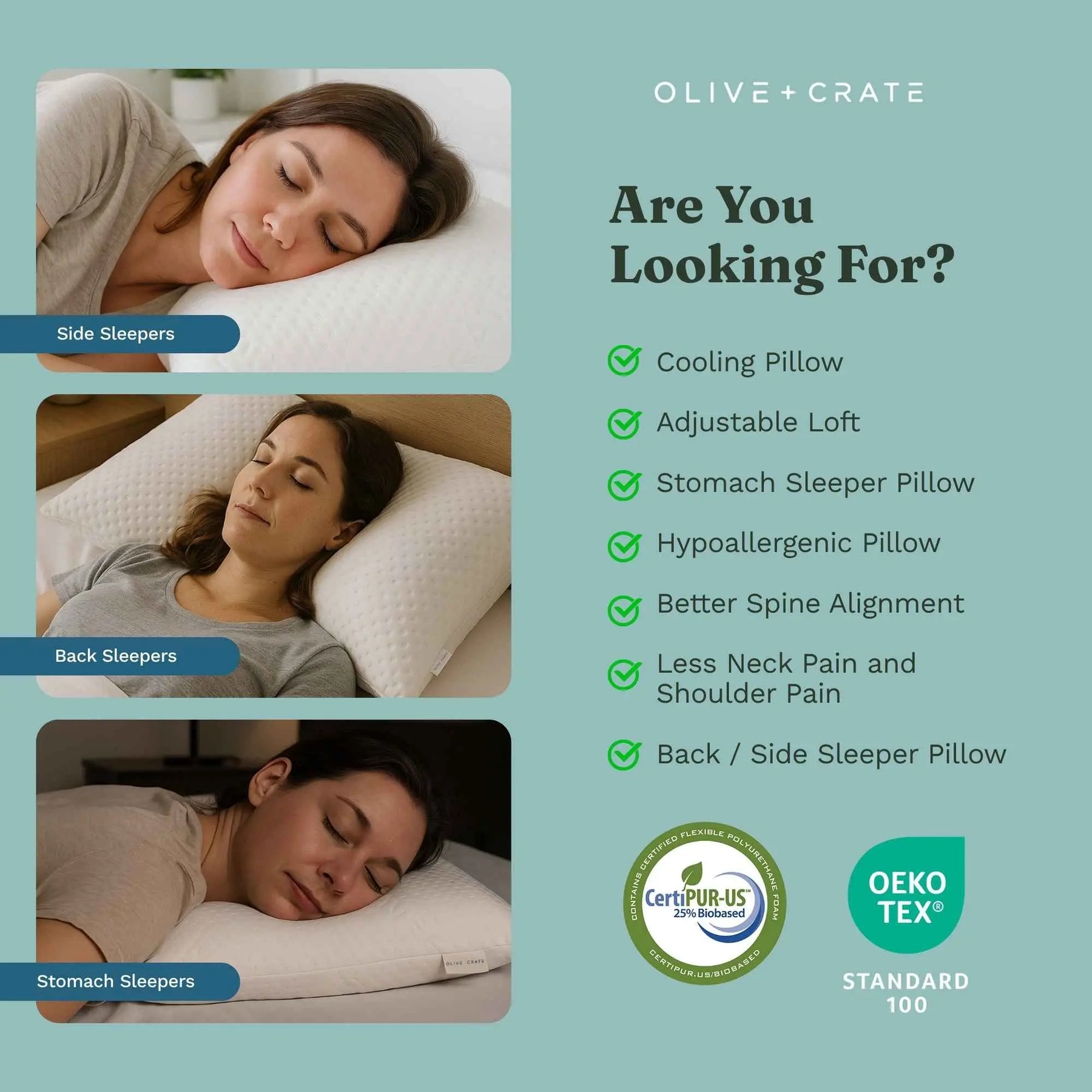 Promotional graphic for an olive + crate cooling pillow, showing three photos of a woman sleeping on the pillow from side, back, and stomach positions, alongside a checklist of features and certification logos on a muted teal background.