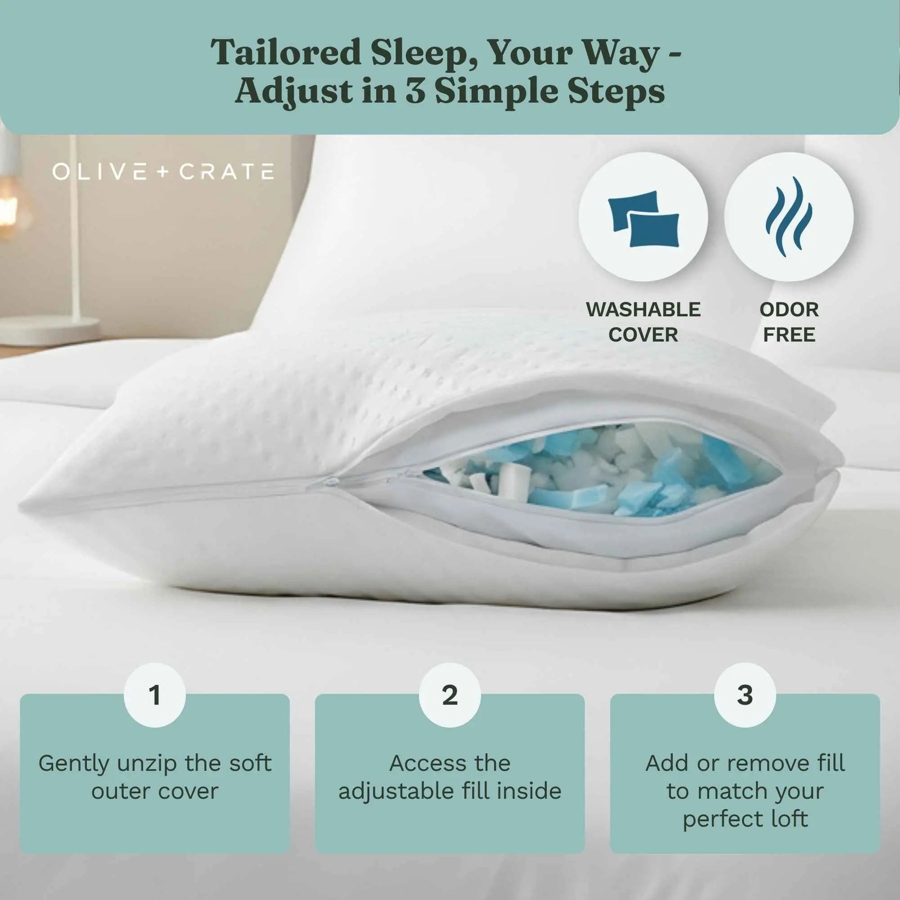 Olive + Crate adjustable memory foam pillow shown open on a bed, with a teal promotional banner at the top reading 'Tailored Sleep, Your Way - Adjust in 3 Simple Steps' and three numbered step panels at the bottom explaining how to unzip, access the fill, and adjust the loft.