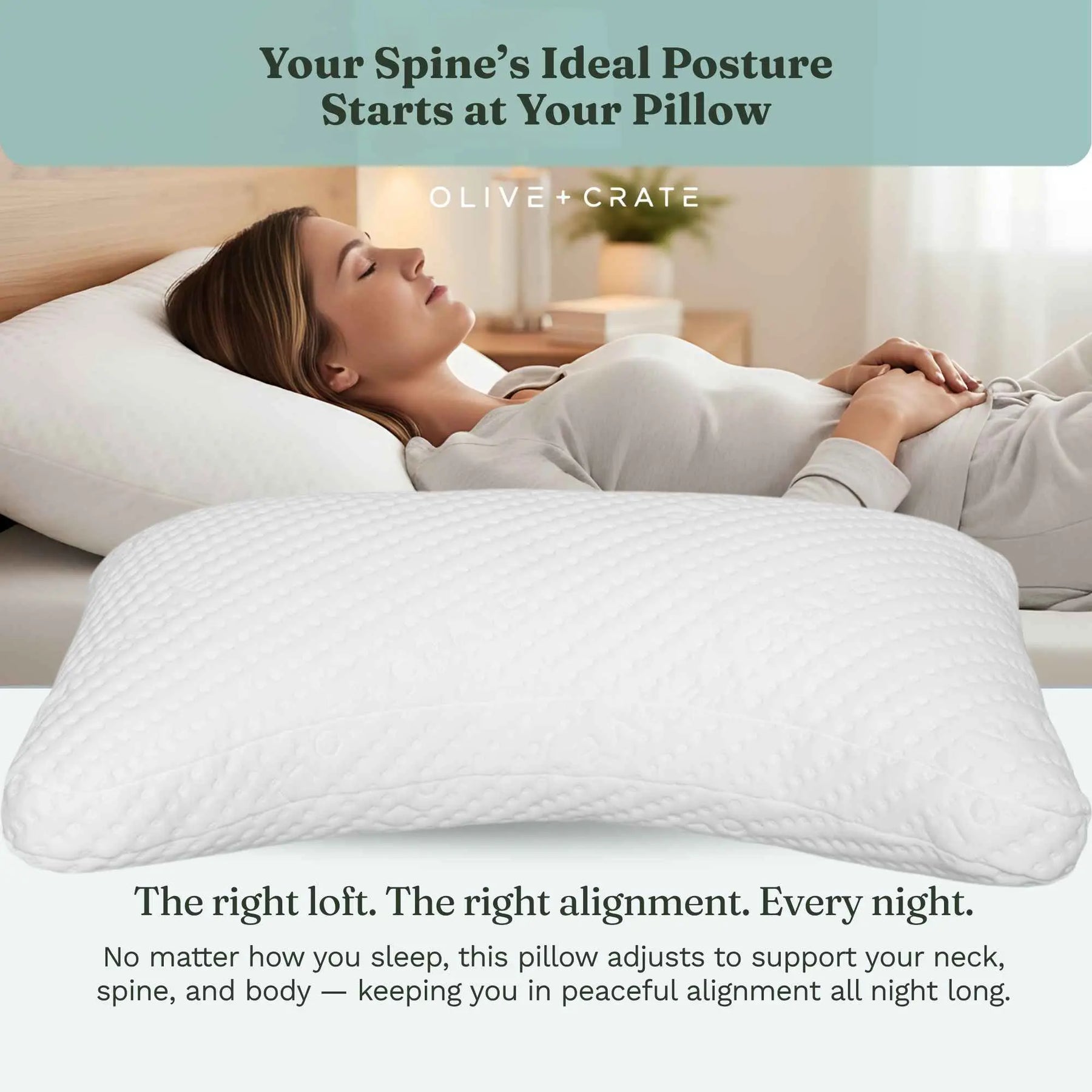 A white quilted memory foam pillow shown in a lifestyle bedroom setting with a woman sleeping comfortably on a bed. The image includes marketing text at the top and bottom highlighting spine support and alignment. 