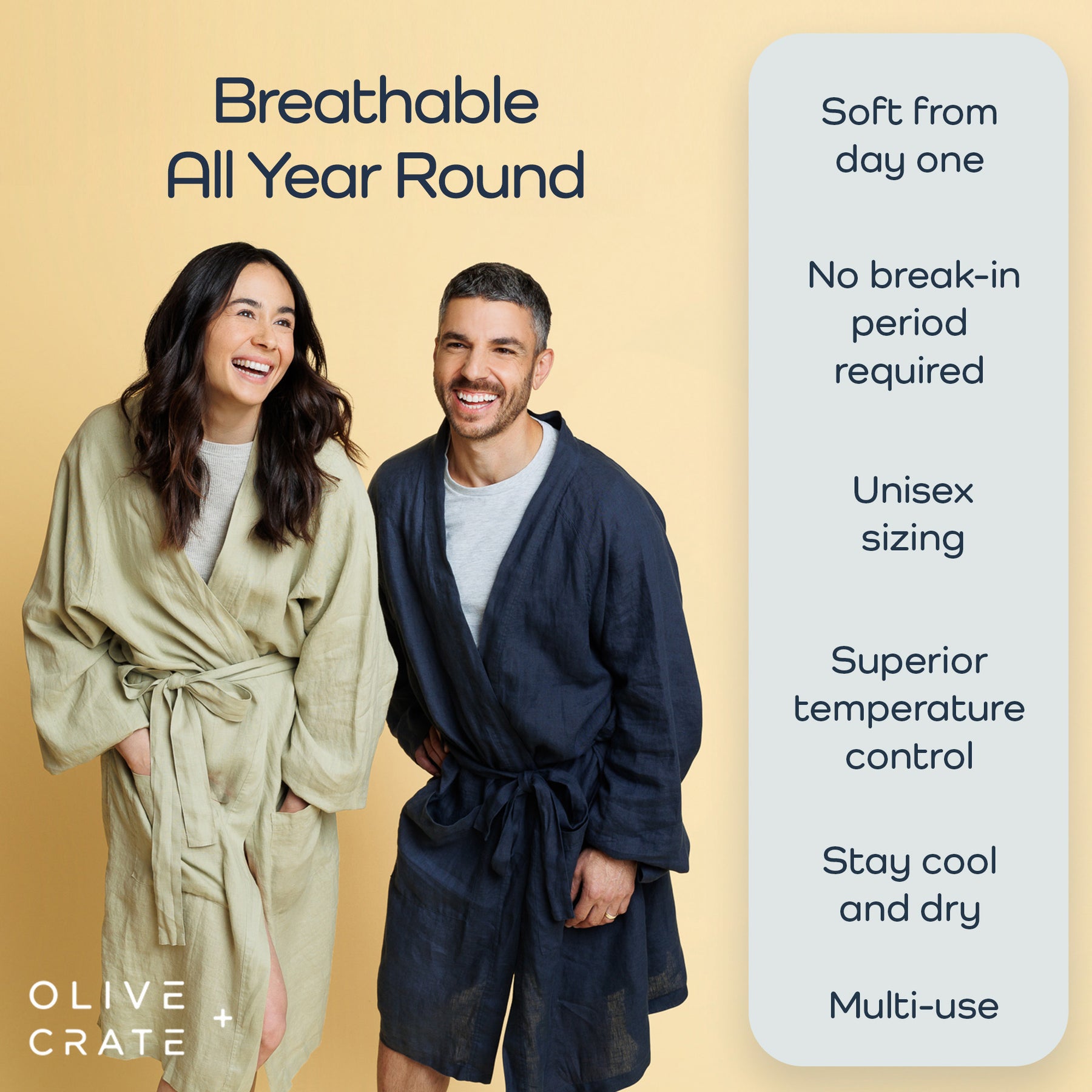 Two people wearing robes with product features on a beige background