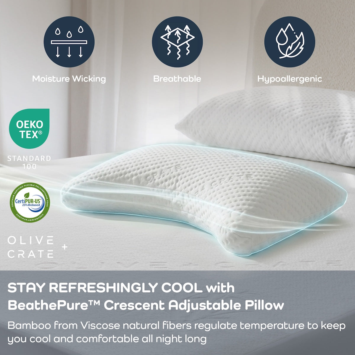 BeathePure Crescent Adjustable Pillow on a bed with features highlighted.