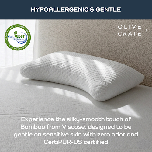 White pillow on a bed with 'Olive and Crate' branding and CertiPUR-US certification logo.