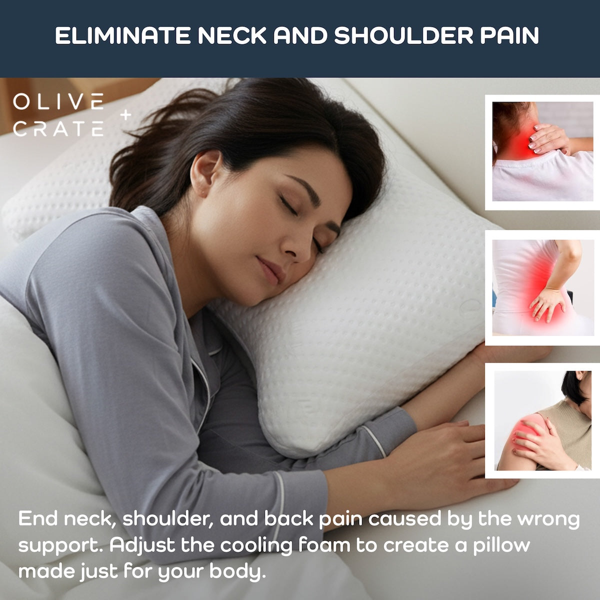 Woman sleeping with a pillow, promoting relief from neck and shoulder pain.