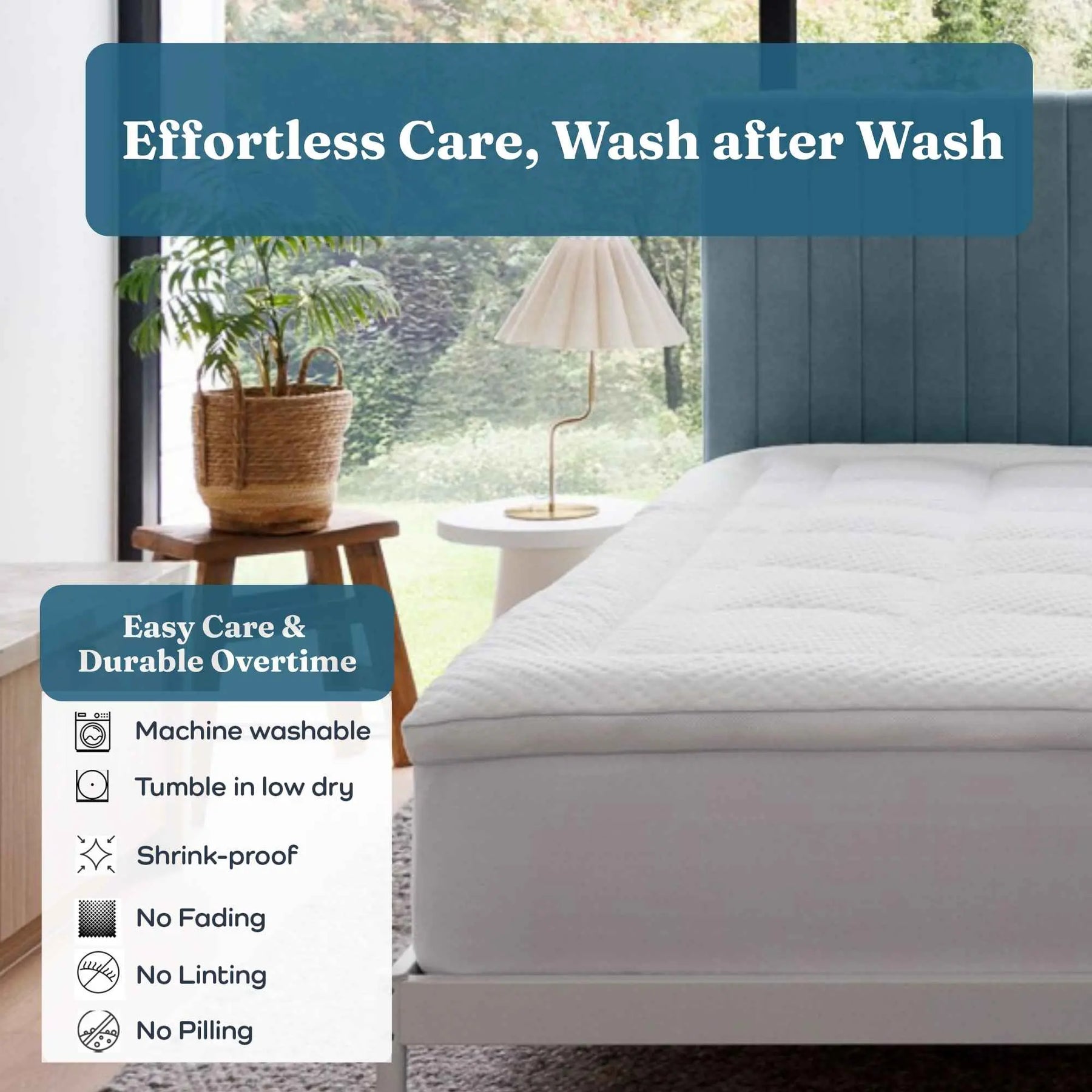 A white mattress topper or mattress cover shown on a bed in a bright bedroom setting, with large text overlays highlighting easy care and washability features. 