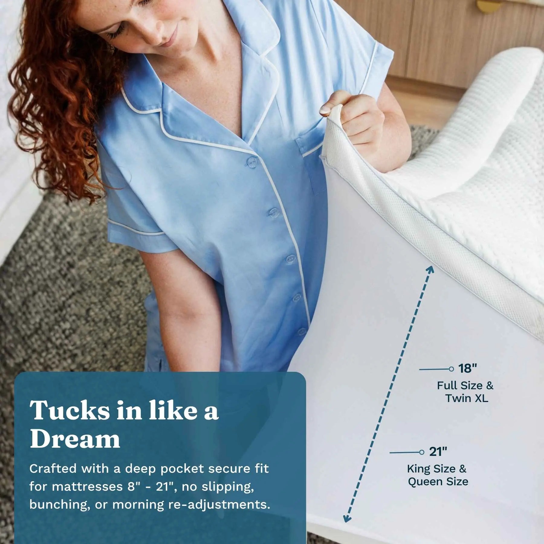 A woman in light blue pajamas demonstrates a mattress cover or fitted sheet tucked into a mattress corner, with text and arrows showing fit for mattress sizes 8"-18" and 21"-23". 