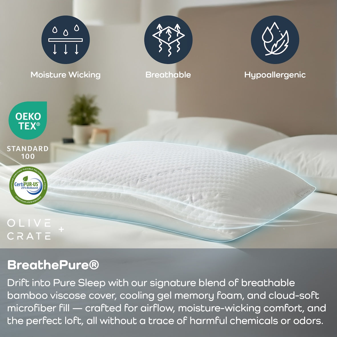 Olive + Crate adjustable pillow with breathable bamboo cover, moisture-wicking, hypoallergenic design.