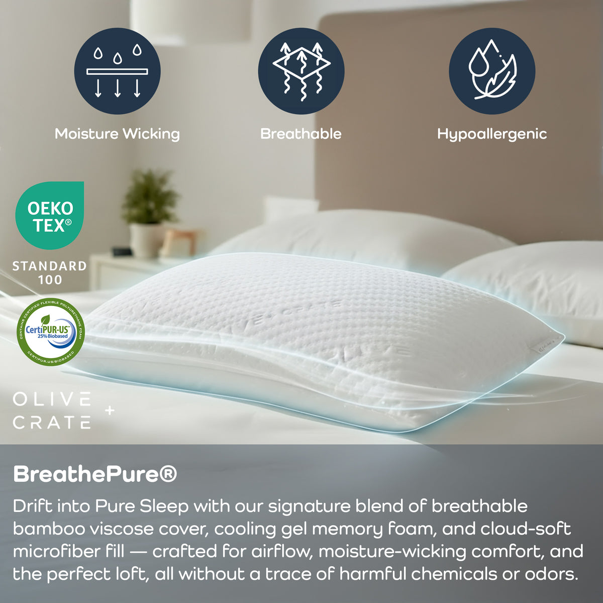 Olive + Crate adjustable pillow with breathable bamboo cover, moisture-wicking, hypoallergenic design.